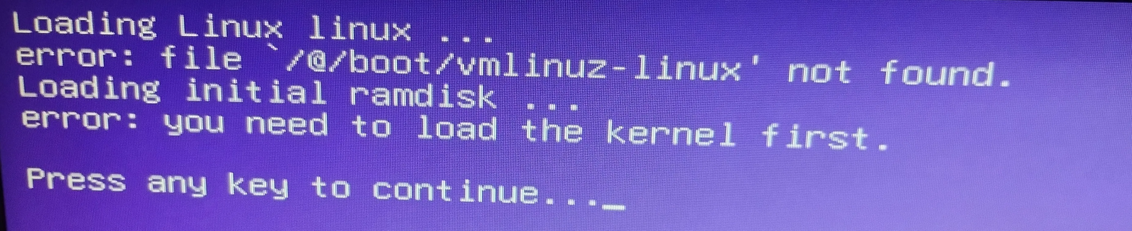Initial boot error: Kernel missing in GRUB